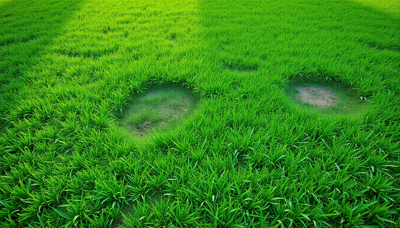 Over seeding process on a lawn, highlighting lush grass and bare patches.