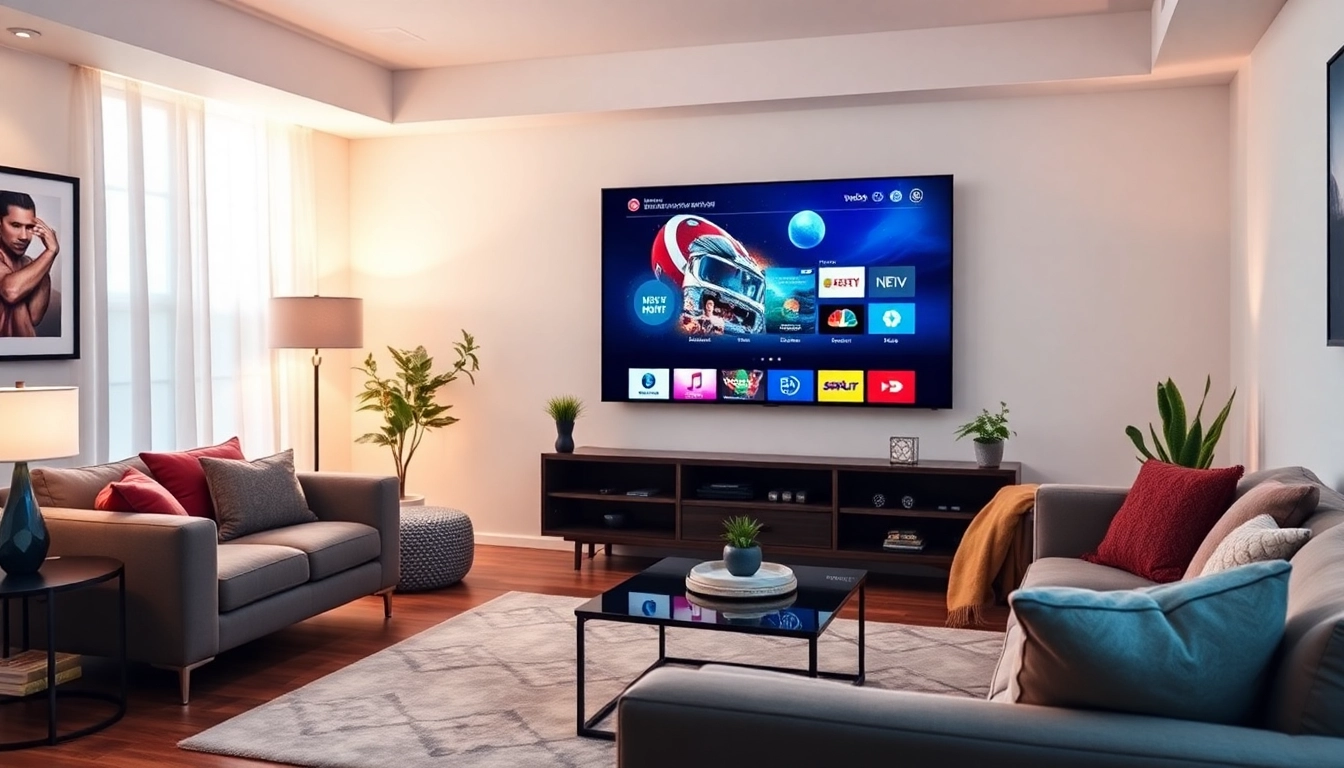 Experience the best IPTV Suisse with a cozy living room setup showcasing streaming options on a smart TV.