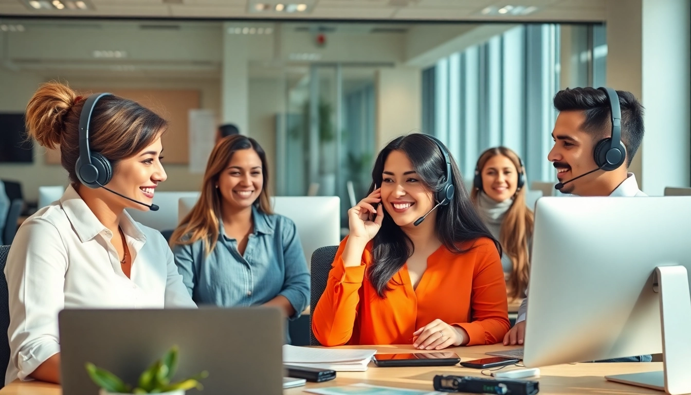 Showcase of Tijuana call centers with diverse professionals engaged in active communication.