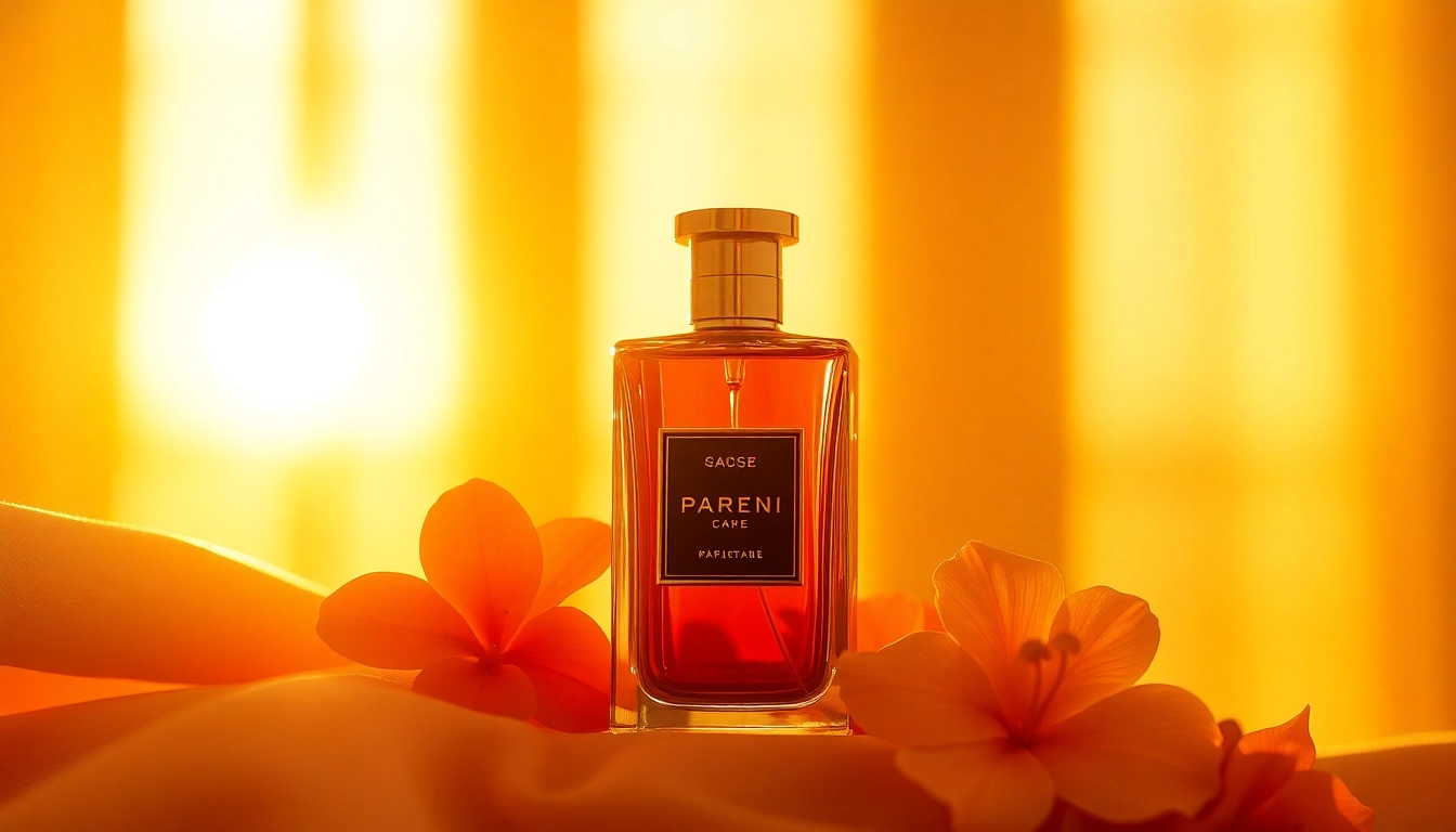 Soleil Dor perfume bottle elegantly bathed in golden sunlight, surrounded by delicate flowers.