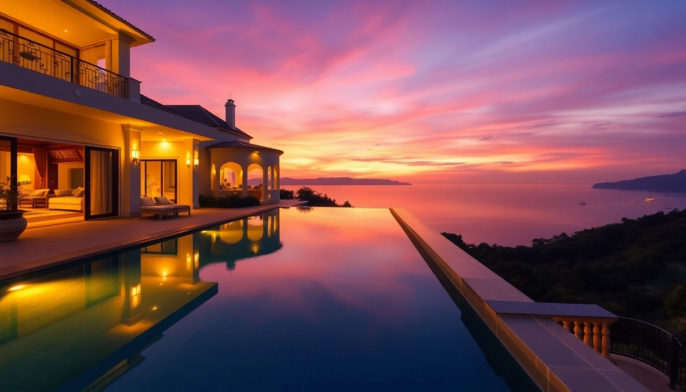 Showcasing villa management with a stunning villa featuring a serene infinity pool and sunset view.