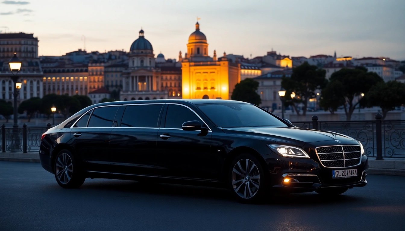 Experience luxury hire chauffeur Lisbon in a sleek black limousine parked in a scenic city location.