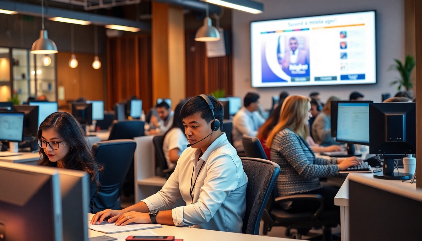 Agents working efficiently in Tijuana call centers, highlighting professionalism and vibrant office environment.