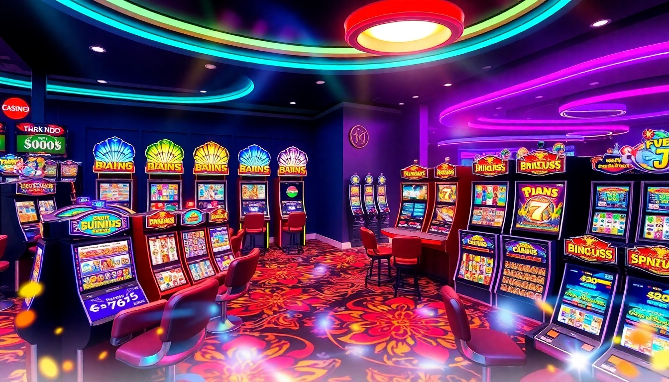 Play and win exciting สล็อต777 games in a lively casino setting with colorful slot machines.