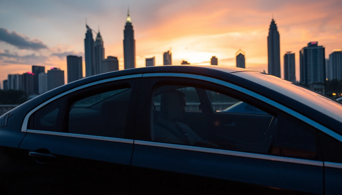 Professional chauffeur hire Kuala Lumpur with luxury sedan driving through the vibrant Kuala Lumpur skyline.