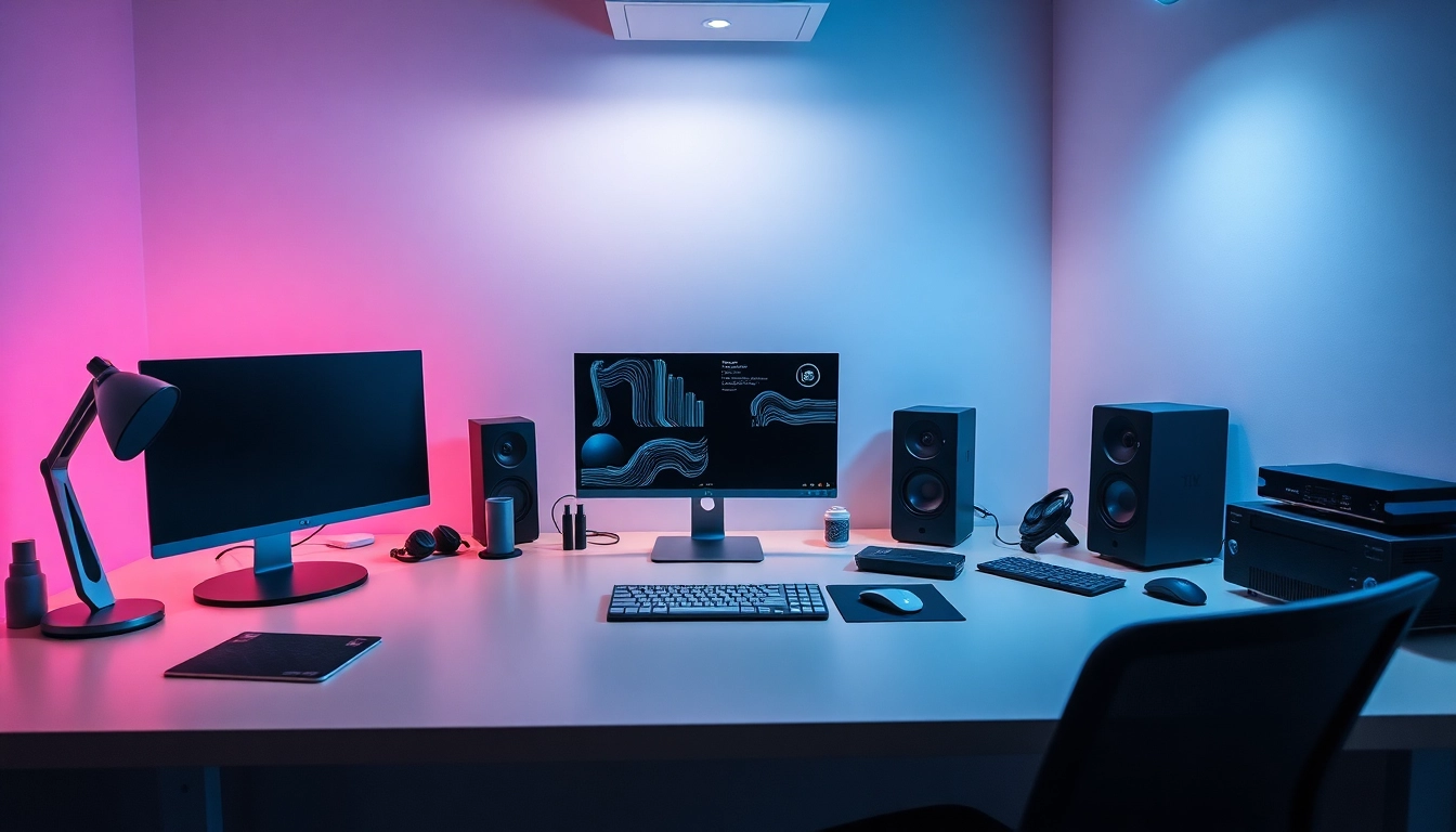 Showcasing cutting-edge tech gadgets in a stylish modern workspace setup.