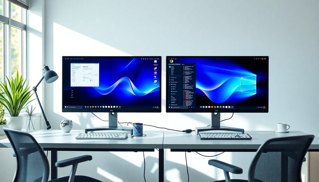 Set up a dual monitor install in a sleek workspace with two displays actively showcasing applications.