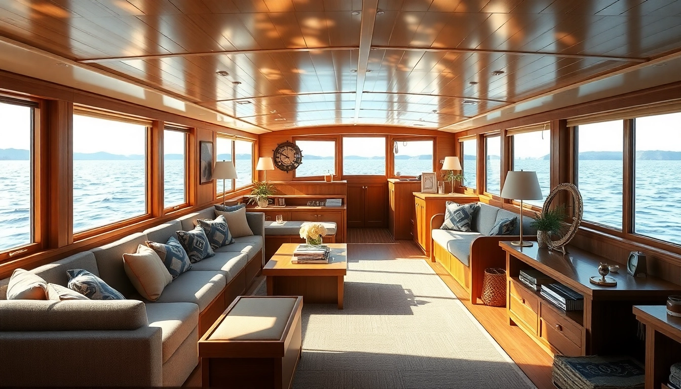 Cozy boat cabin with comfortable seating and natural light illuminating the wooden accents.