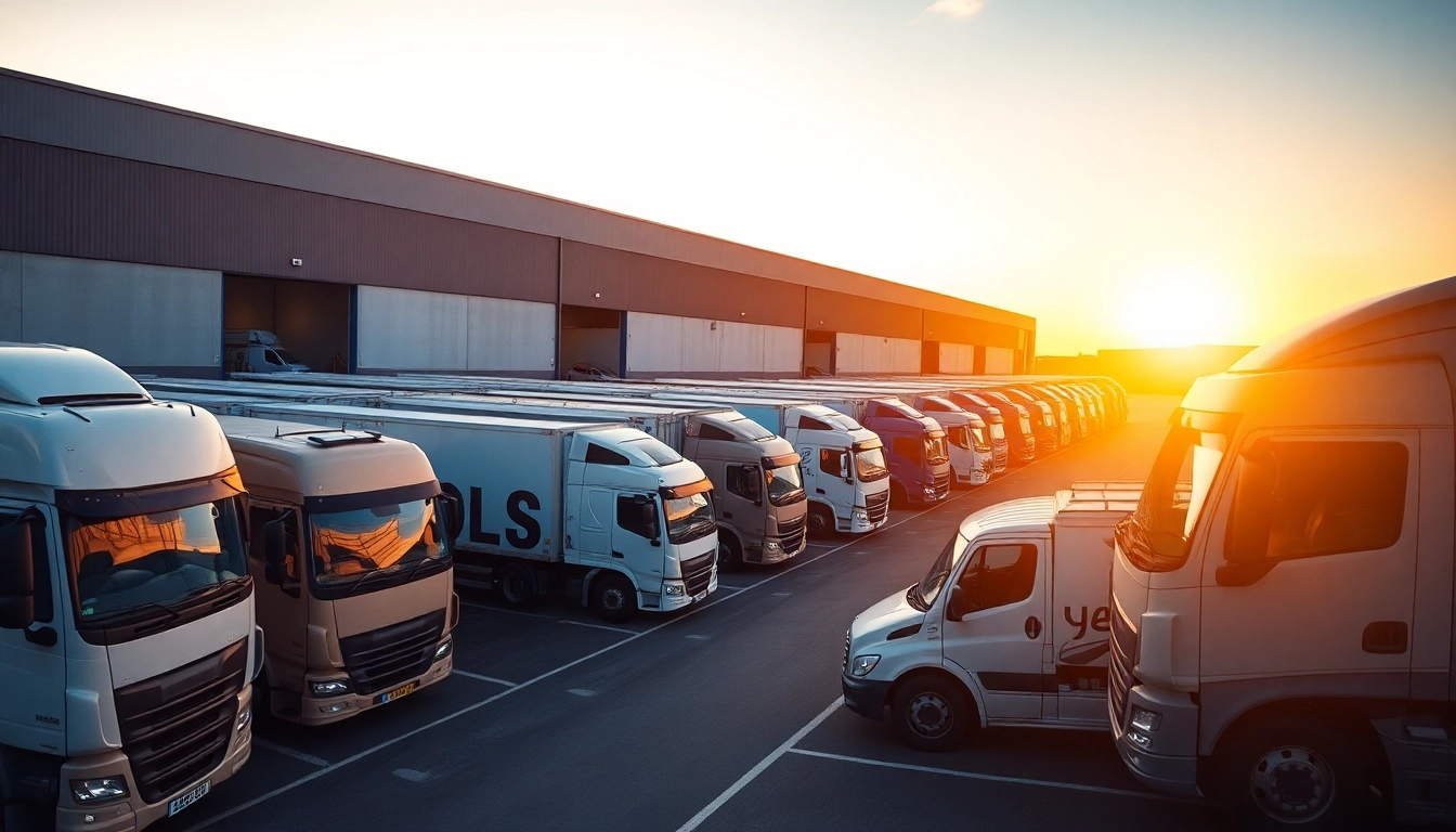 Showcasing fleet solutions service with a diverse fleet of vehicles in an organized logistics facility.