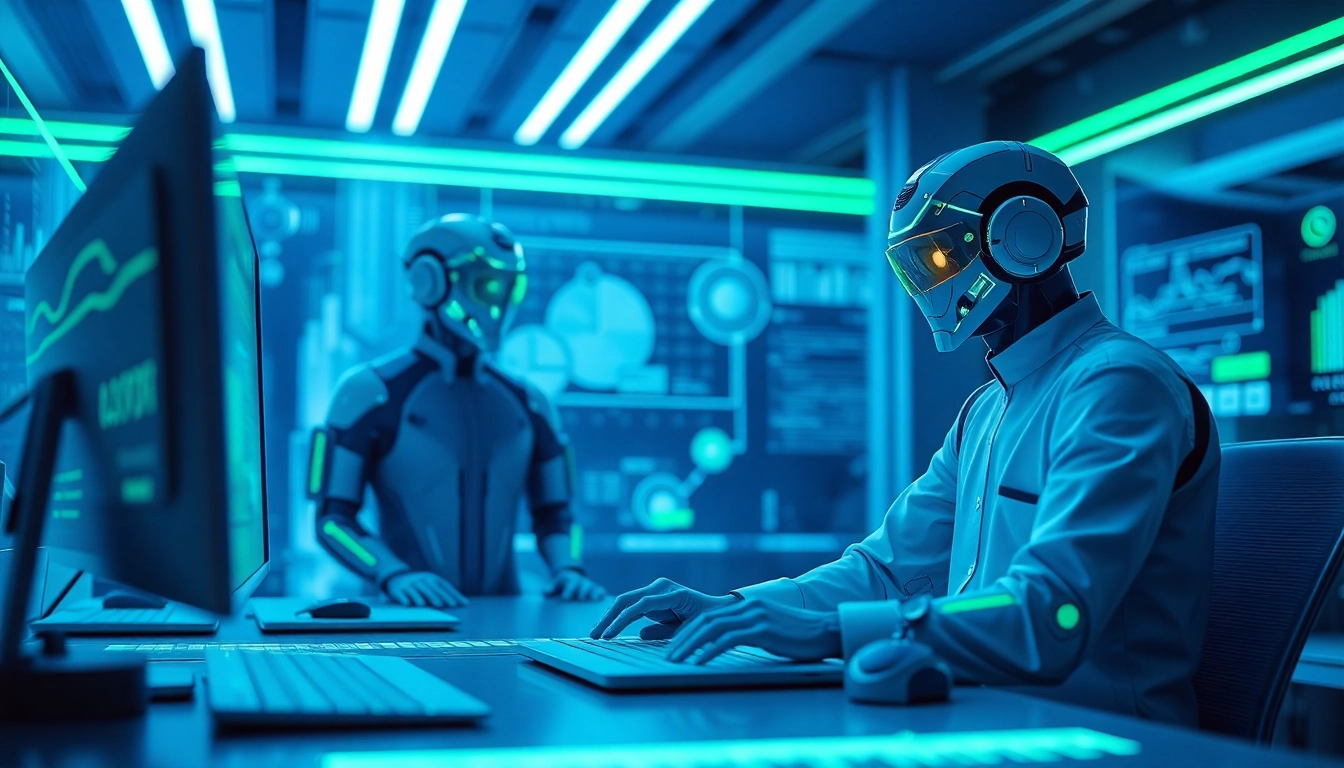 AI agents interacting with users in a futuristic digital workspace, showcasing high-tech interfaces and data streams.