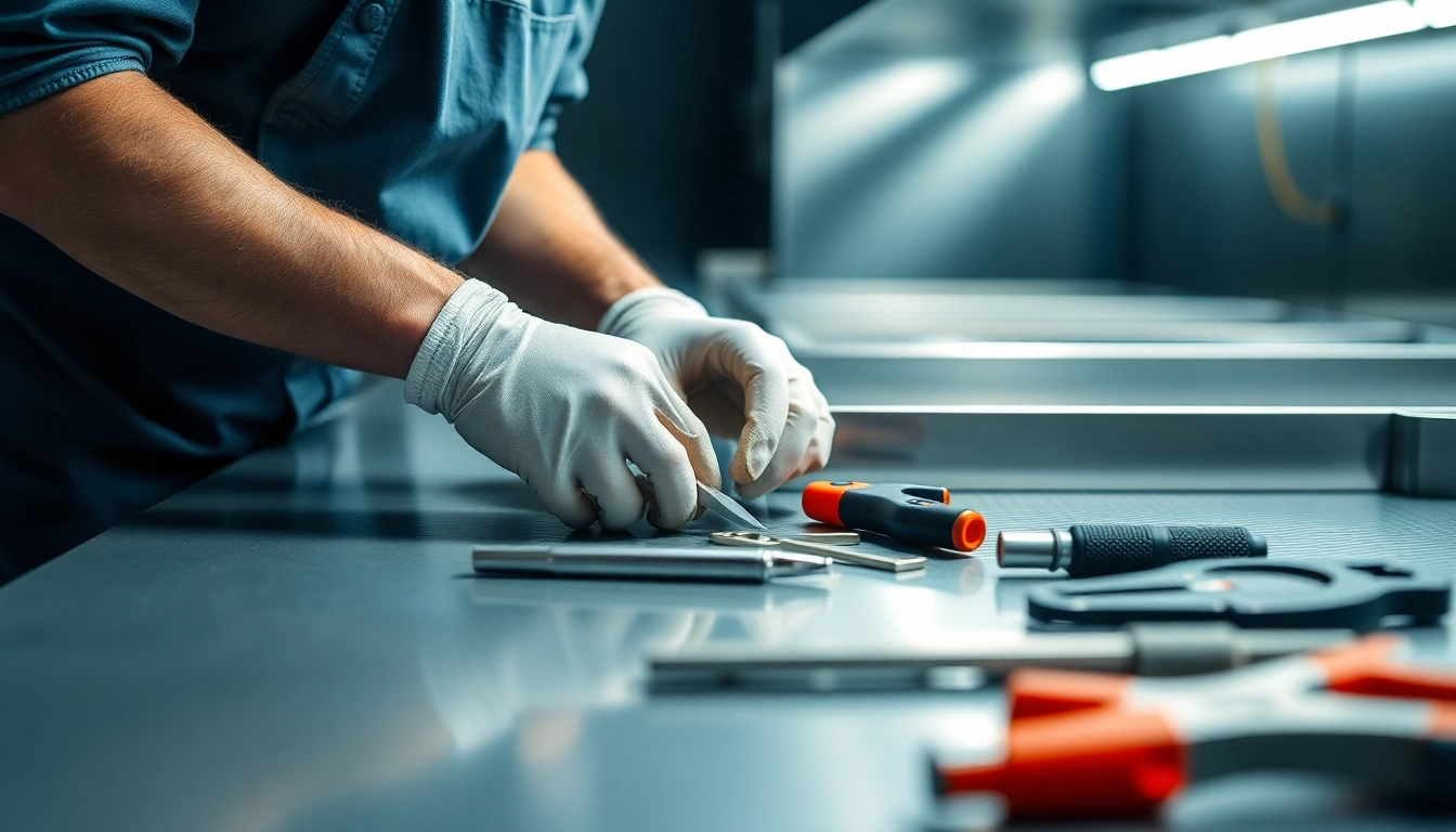 Technician performing prep table repair focusing on detailed work and tools used.