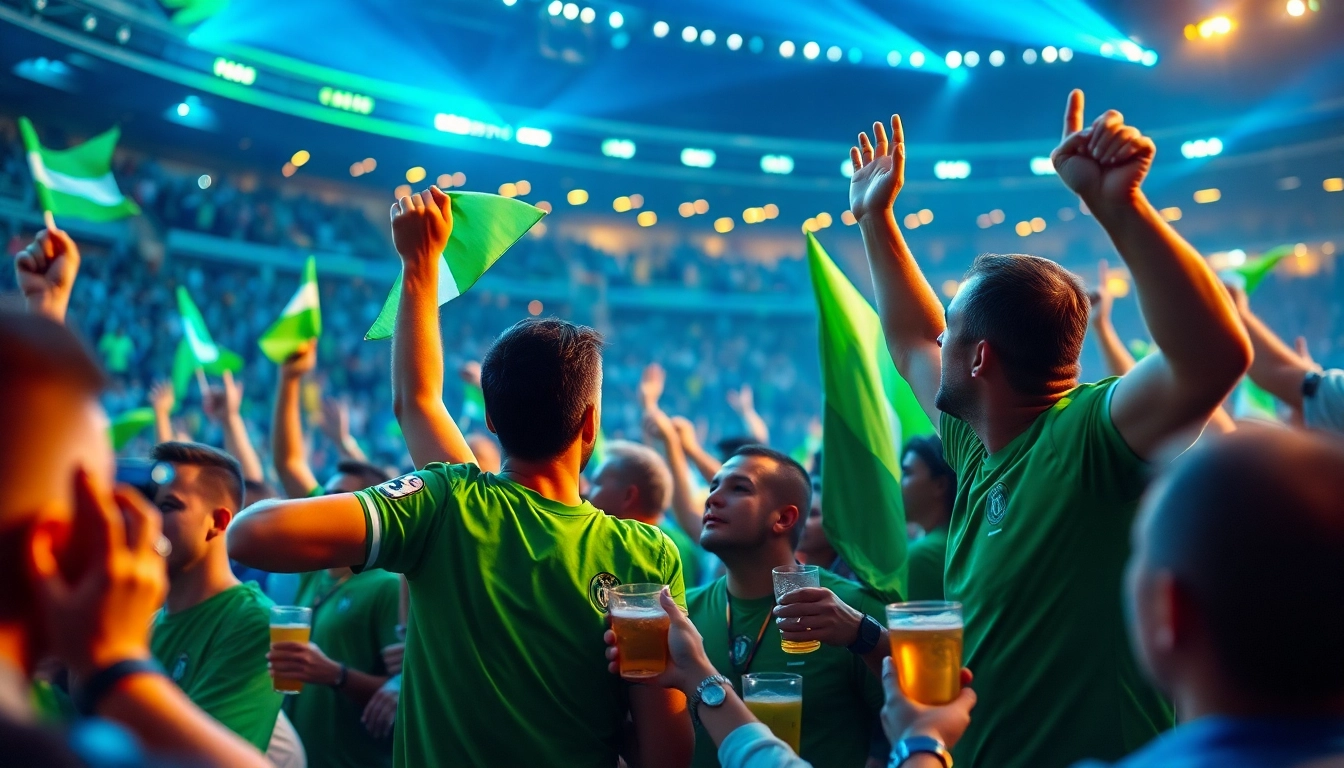 Capture the excitement of เว็บดูบอล as fans cheer while watching a live football match on large screens.