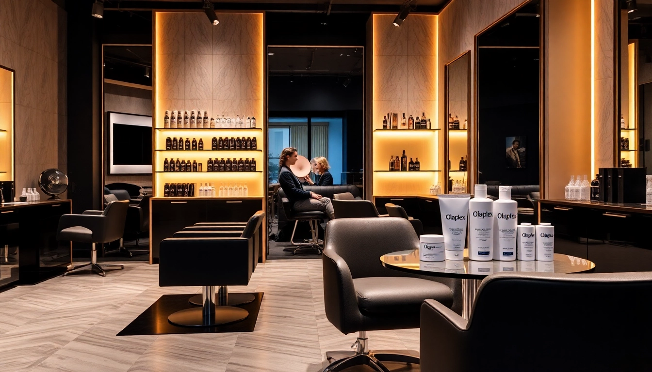 Salon Haarpflege von Olaplex displayed in a modern, chic salon setting with warm lighting.