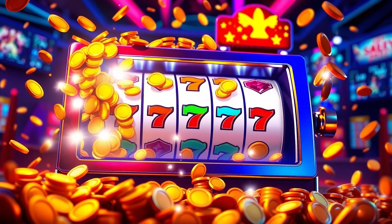 Experience the thrill of เว็บสล็อตทดลอง with an animated slot machine overflowing with coins.