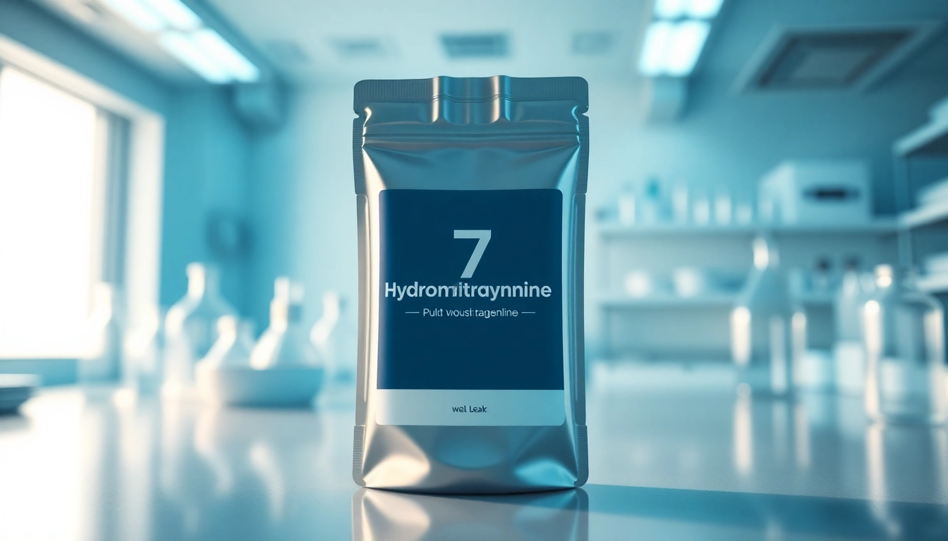 Showcase a bulk package of 7 hydroxymitragynine in a lab setting, emphasizing its quality and purity.