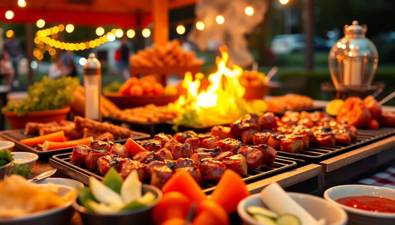 Delicious Caterer für Grillbuffet und BBQ in Berlin showcasing a vibrant outdoor BBQ setup with grilled delicacies.