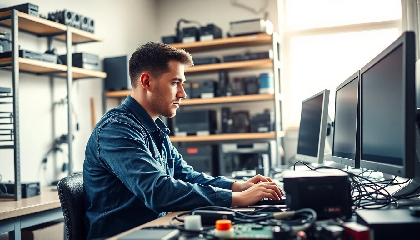 Riparazione pc torino in un laboratorio con un tecnico specializzato al lavoro su computer complessi.
