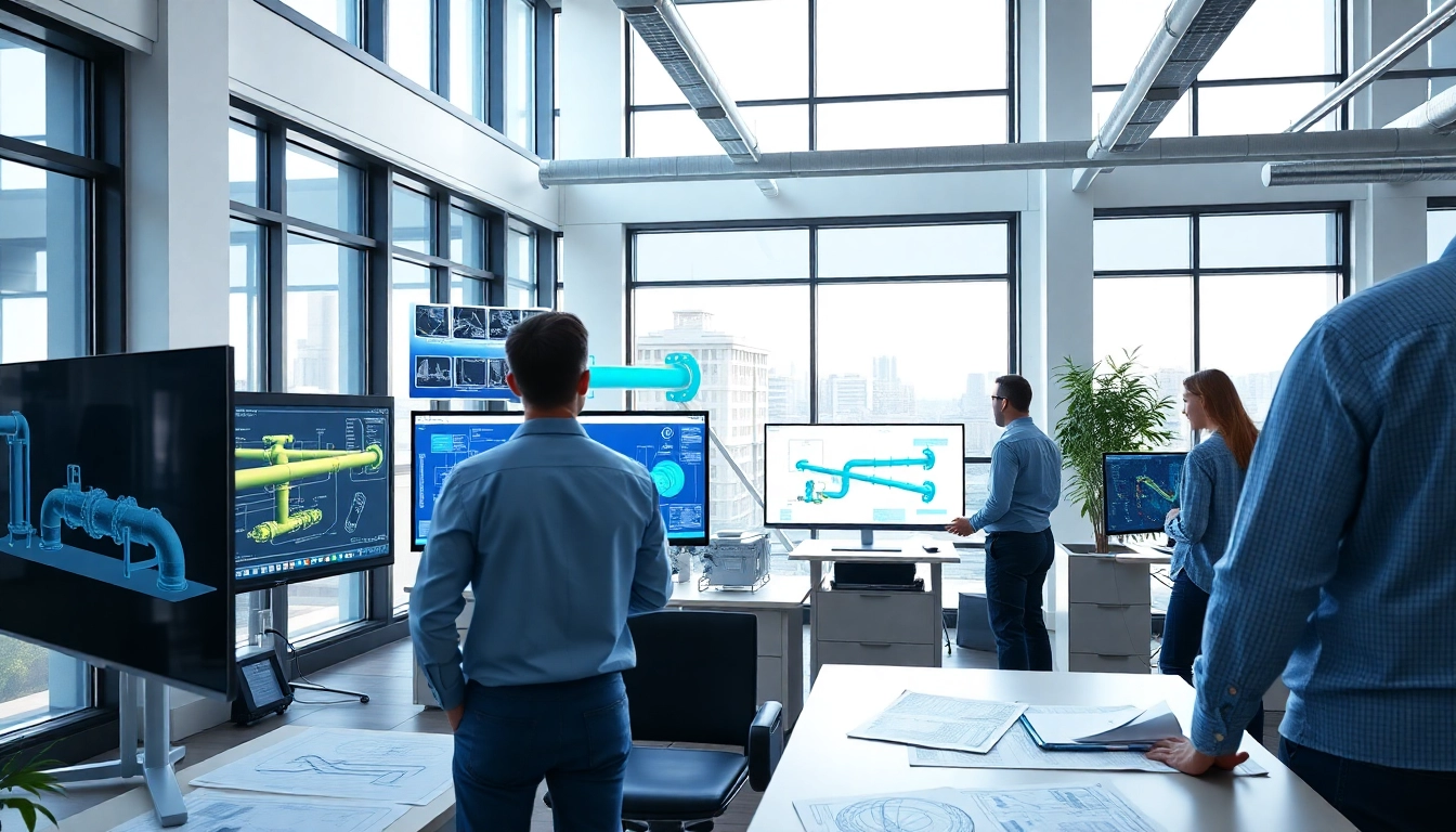 Piping stress analysis company engineers collaborating on a project in a modern office.