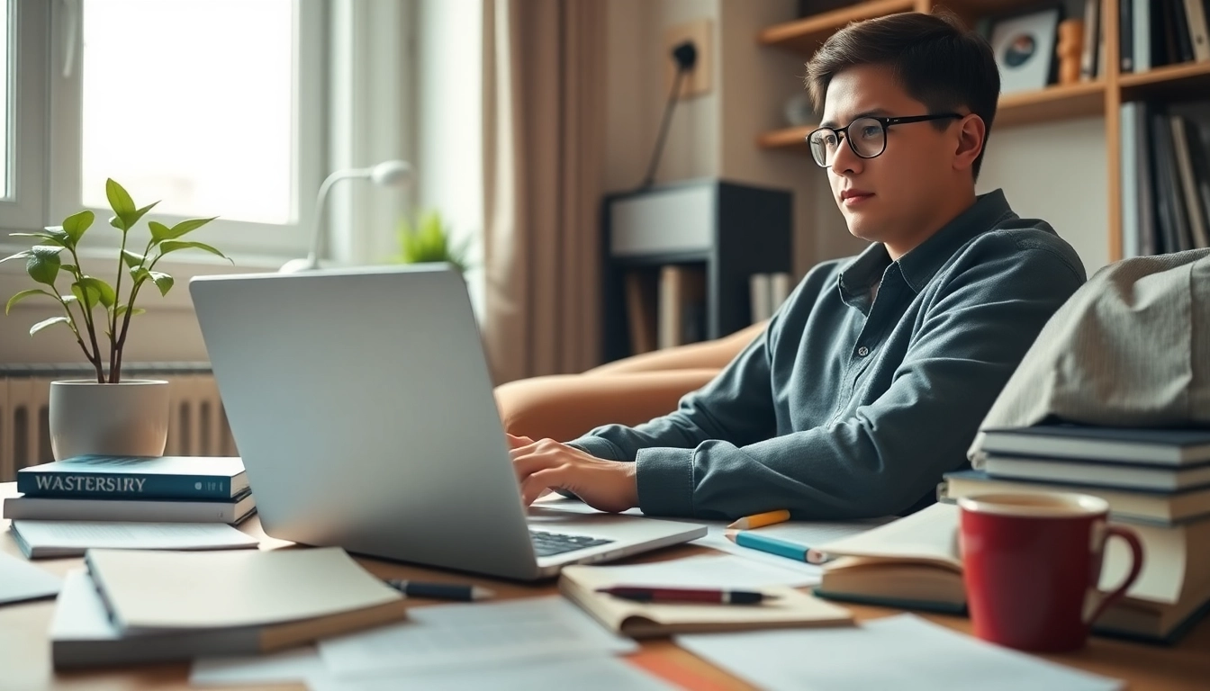 Buy distance learning masters degree with a student studying in a cozy home office.