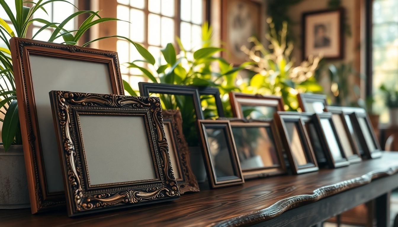 Showcasing elegant vintage frames with intricate designs on a rustic table.