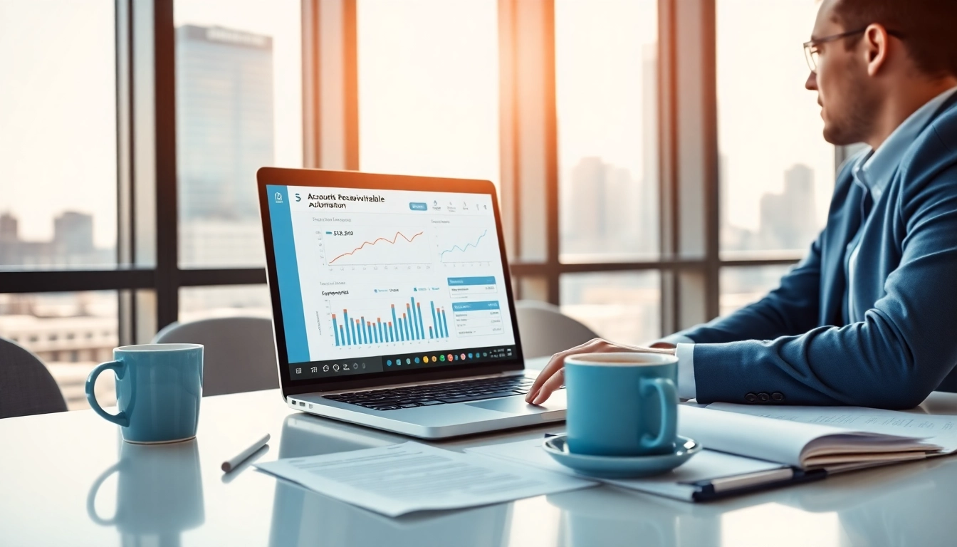 Streamlined accounts receivable automation software showcased on a laptop in a corporate office.