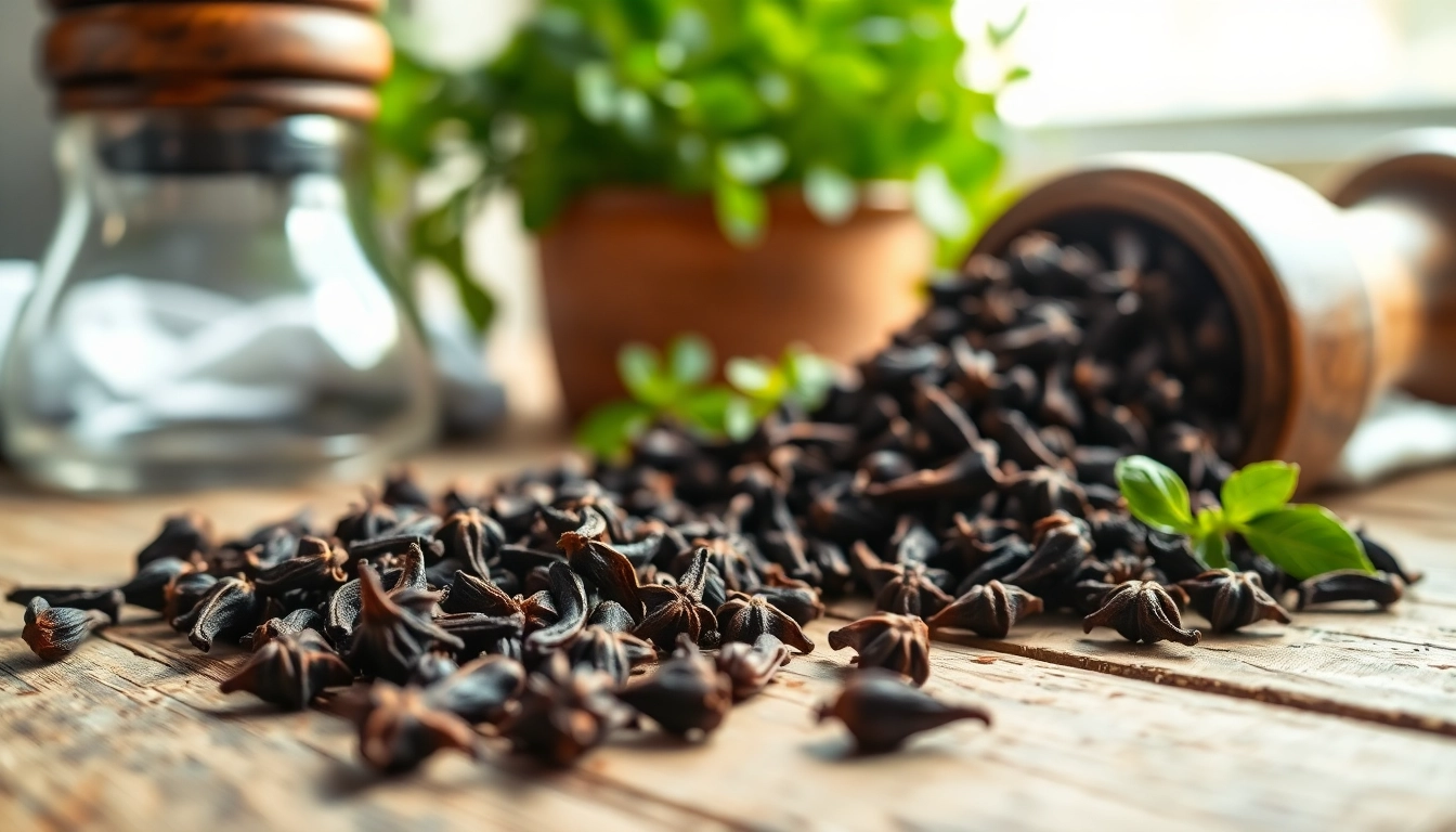 Whole cloves arranged artistically with a spice grinder, showcasing their rich texture and warm tones.