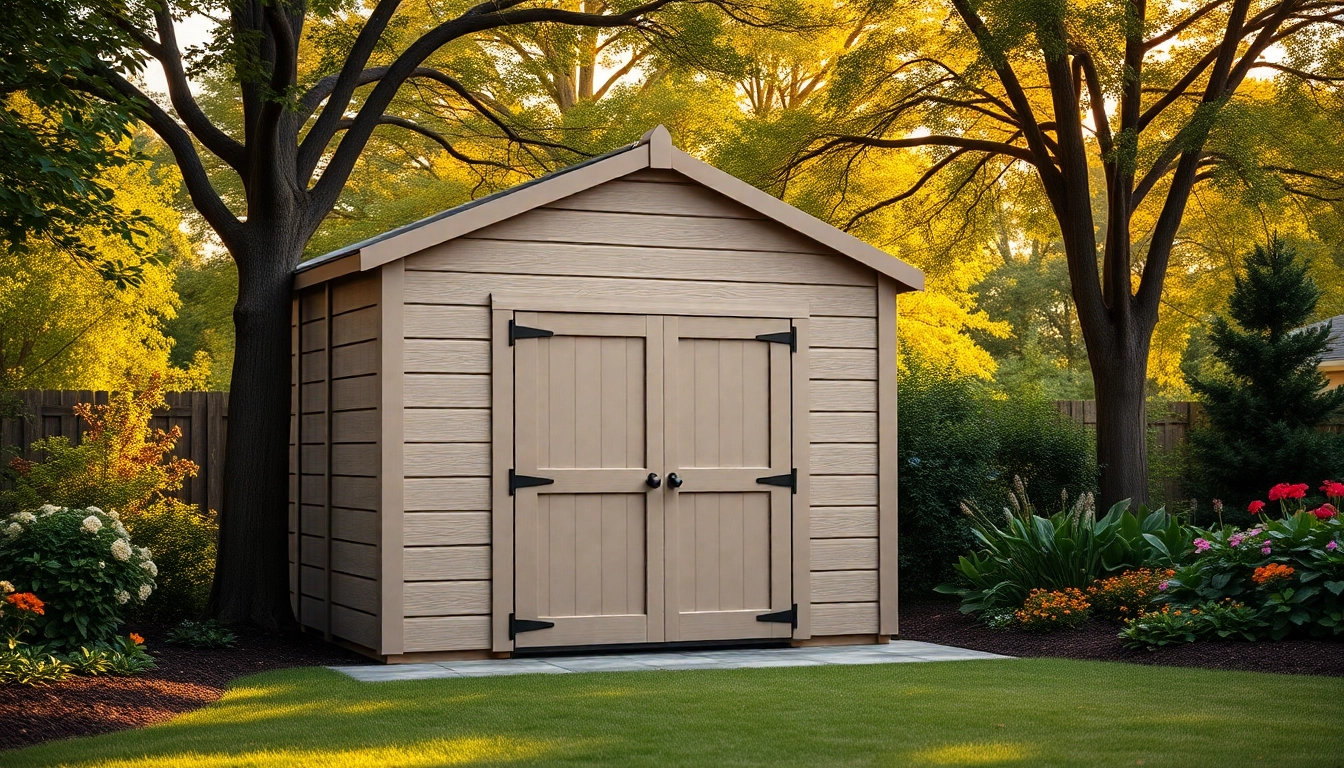 Showcasing custom storage sheds in an inviting backyard setting with beautiful landscaping.