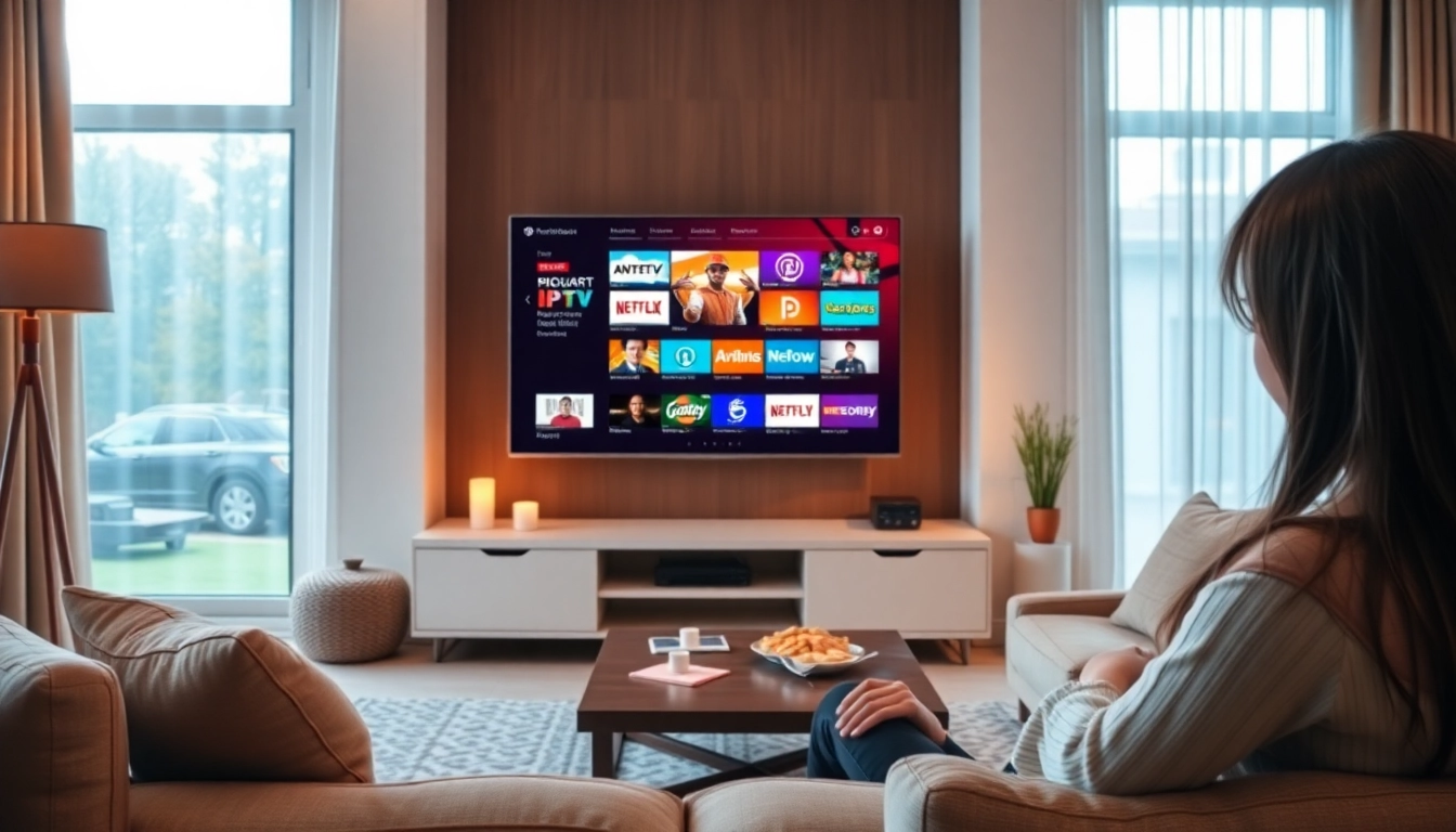 Experience an IPTV demo account setup in a cozy living room with vibrant channel displays.