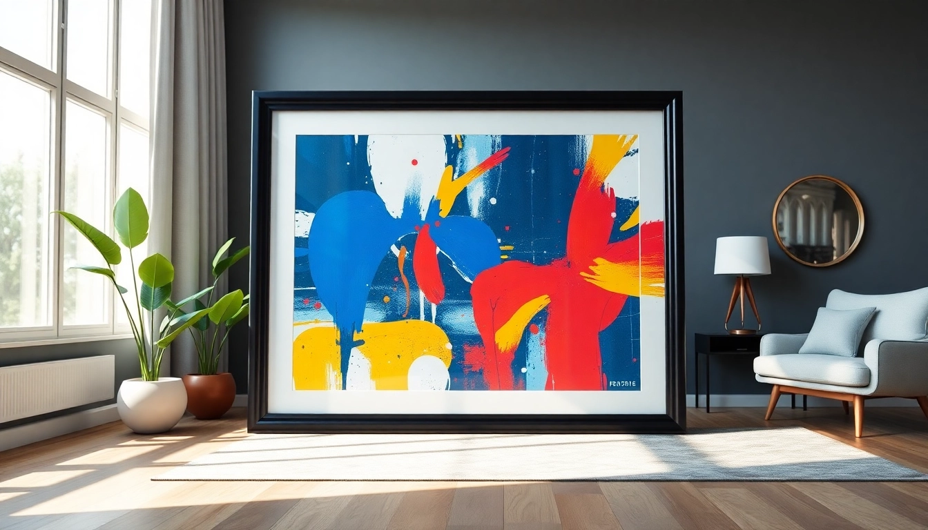 Showcasing a vibrant artwork in a stylish 24x36 frame in a modern living room setting.