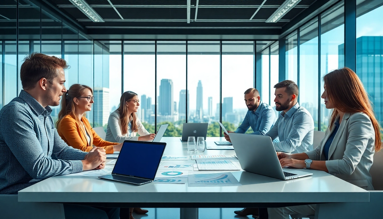 Engaged team performing a competitor analysis in a bright, modern office setting.
