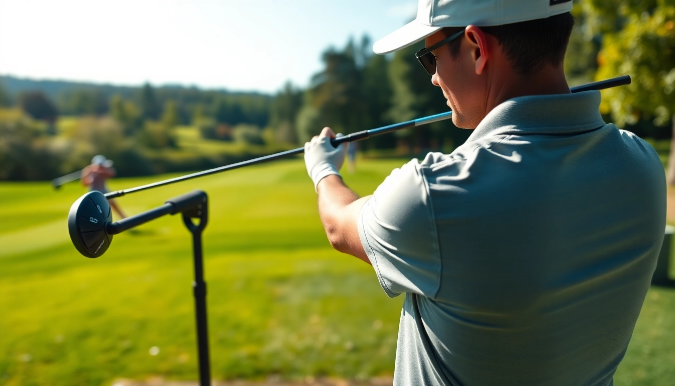 Golfer practicing with a golf swing training aid on a sunny driving range.