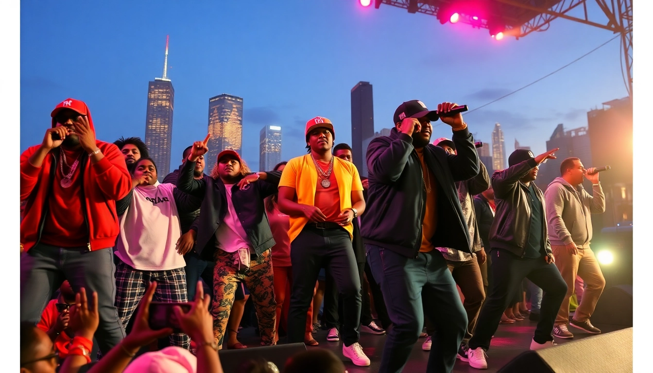Celebrate Chicago hip-hop artists performing with energy and city skyline in the background.
