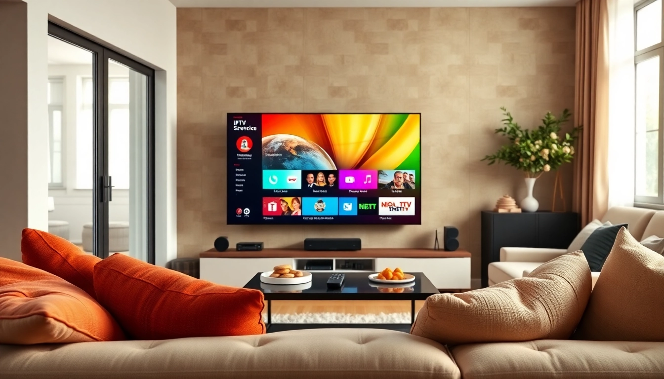 Explore diverse iptv services displayed on a modern smart TV in a cozy living room setting.