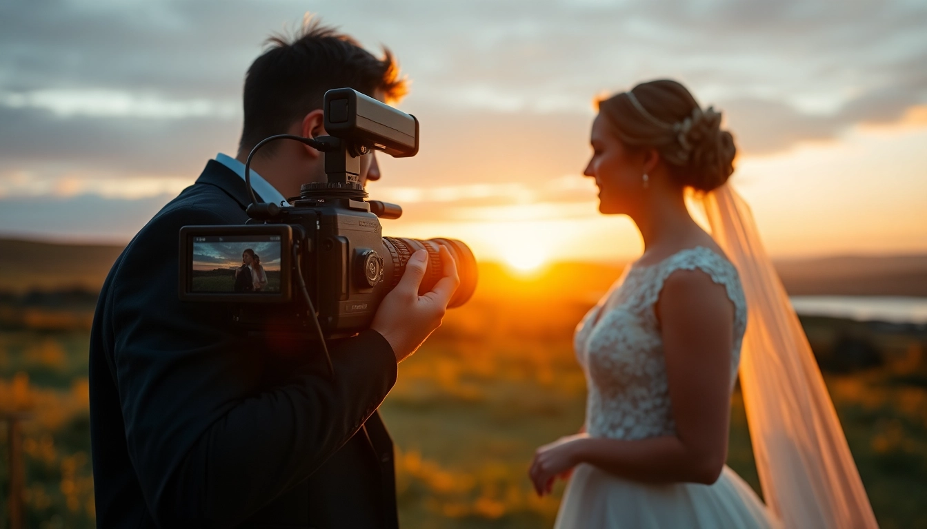 Wedding videographer in Ireland capturing an enchanting sunset moment with a couple.