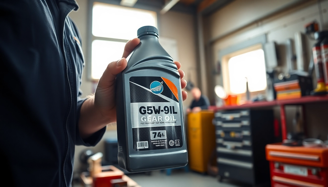 Buying gear oil 75w-90 bottle for vehicle maintenance in a garage environment.