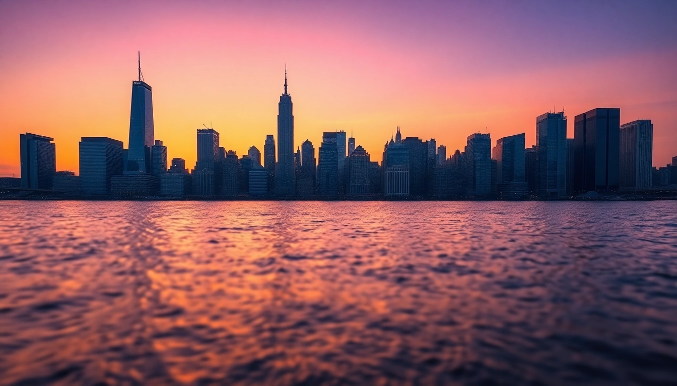 Capture the stunning skyline of Jersey City NJ against a dramatic sunset backdrop, highlighting its vibrant urban landscape.