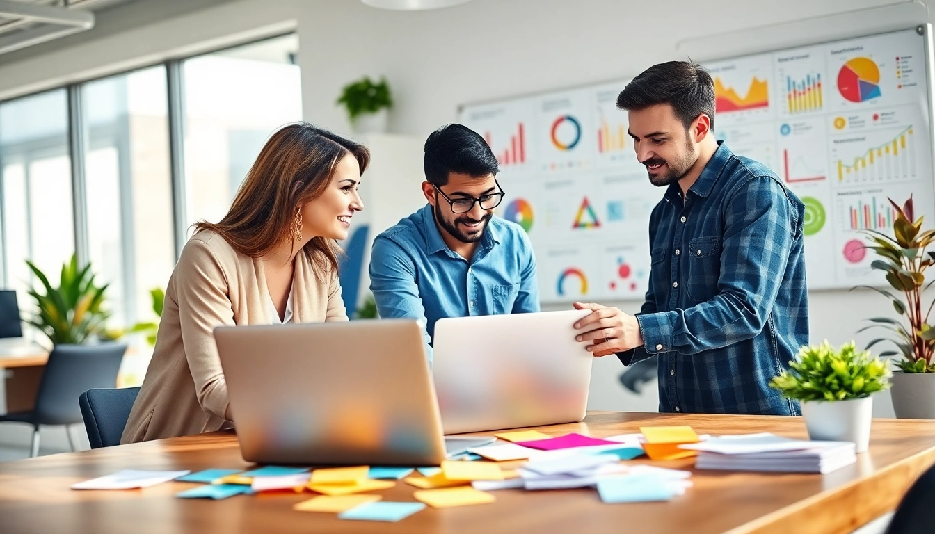 Social media agency team engaged in creative collaboration, illustrating teamwork and strategy.