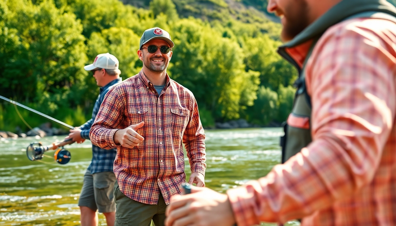 Showcasing fly fishing apparel in a vibrant outdoor setting with anglers ready to cast their lines.