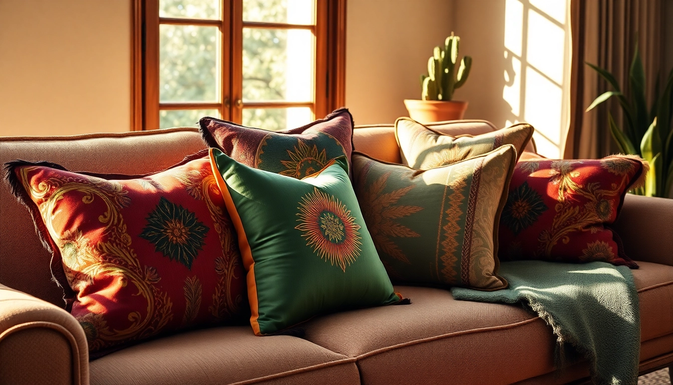 Stylish cactus silk pillows with vibrant patterns on a cozy sofa in a warm living room.
