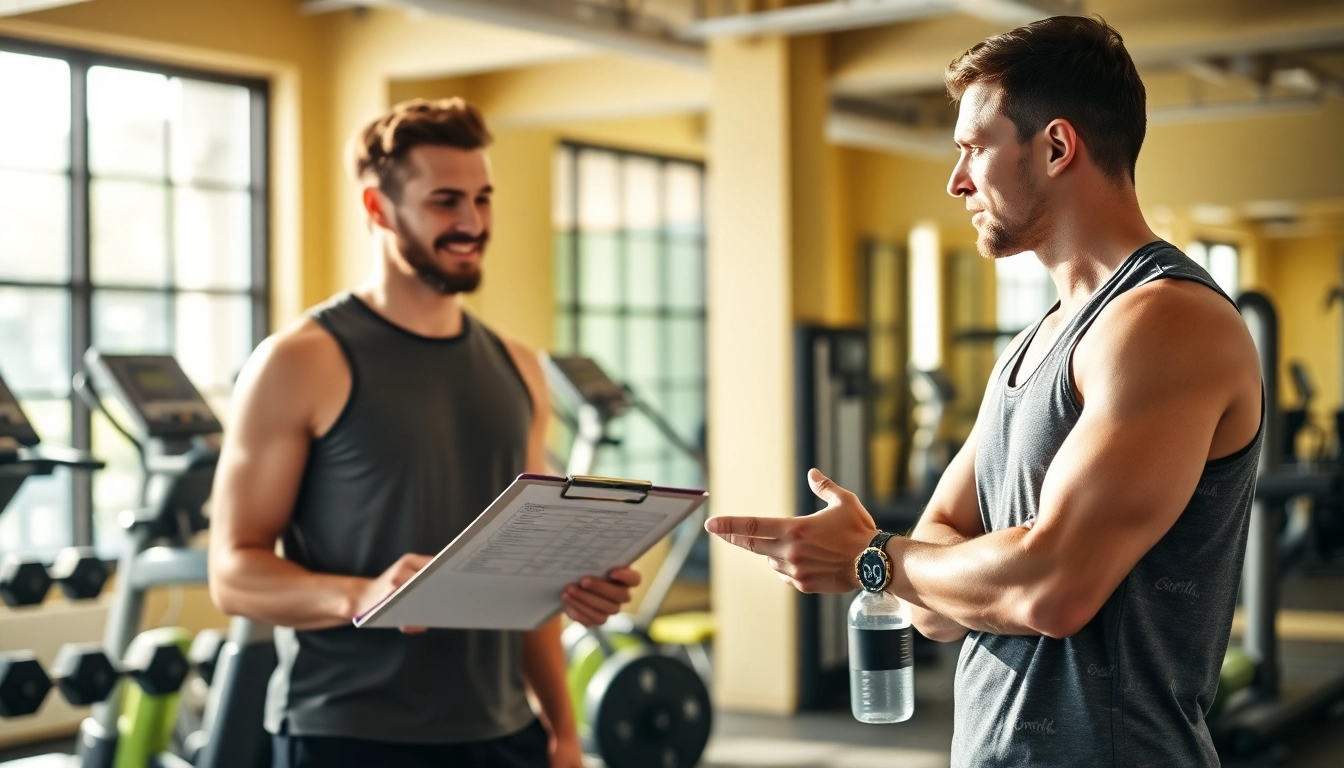The expert gym Training Consultation showcases a professional trainer guiding a client in a fitness studio.