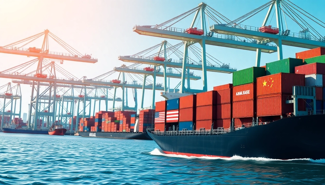 Illustration of import tariffs China, showcasing a cargo ship at a busy port with Chinese and American goods.