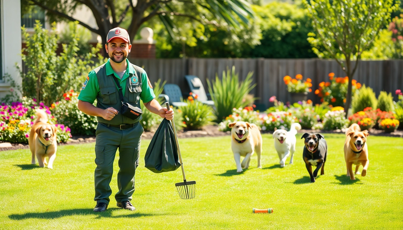 Alamo Ranch poop scooper providing a clean yard while happy dogs play in the background.