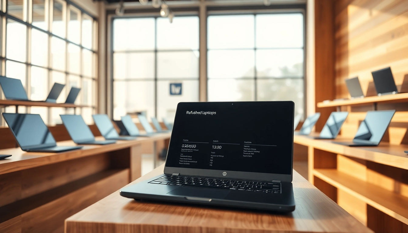 Δείτε ένα ανακαινισμένο laptop σε μια τεχνολογική έκθεση με μοντέρνα χαρακτηριστικά.