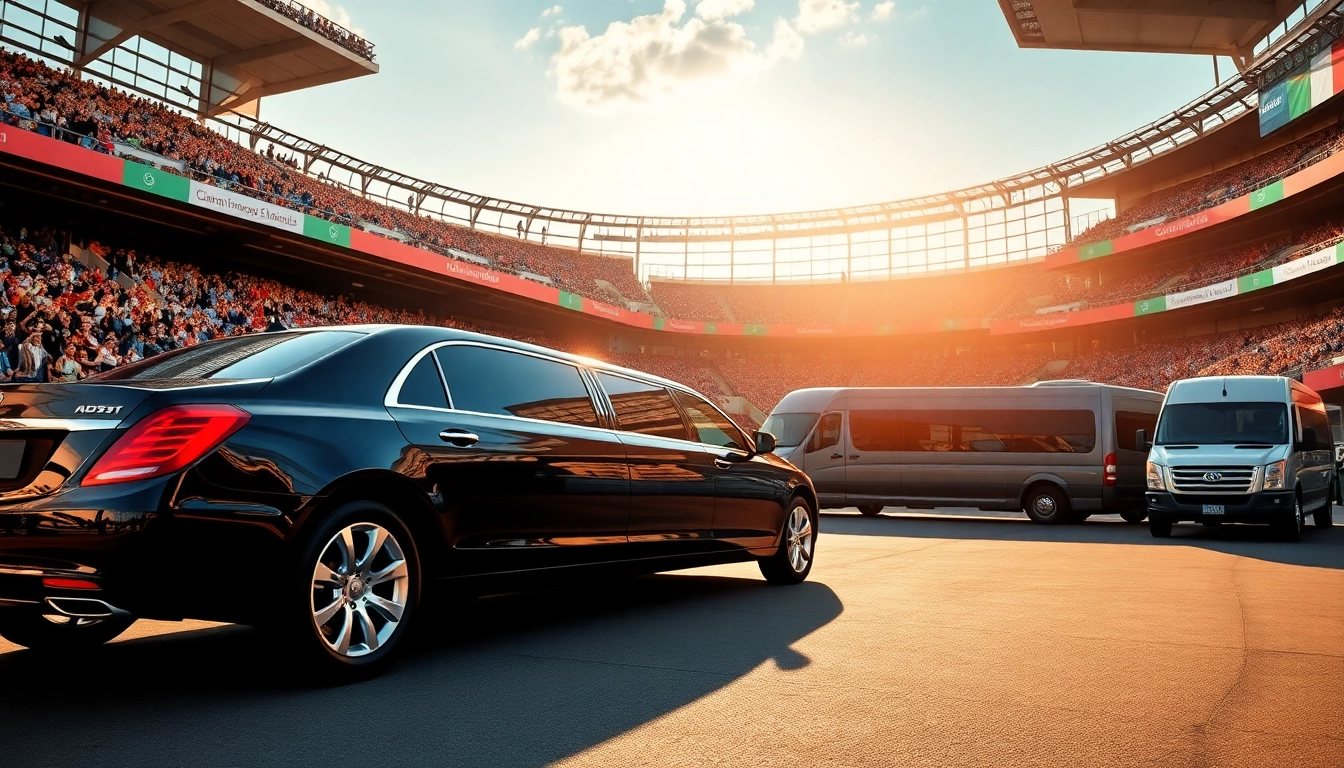 Efficient event transportation services illustrated with luxury vehicles near a lively sporting venue.