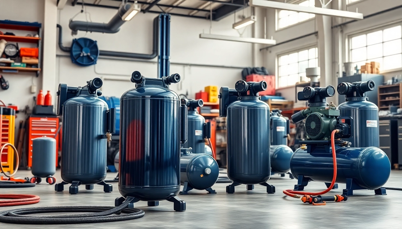 Showcase of industrial air compressor manufacturers' equipment in a modern workshop setting.