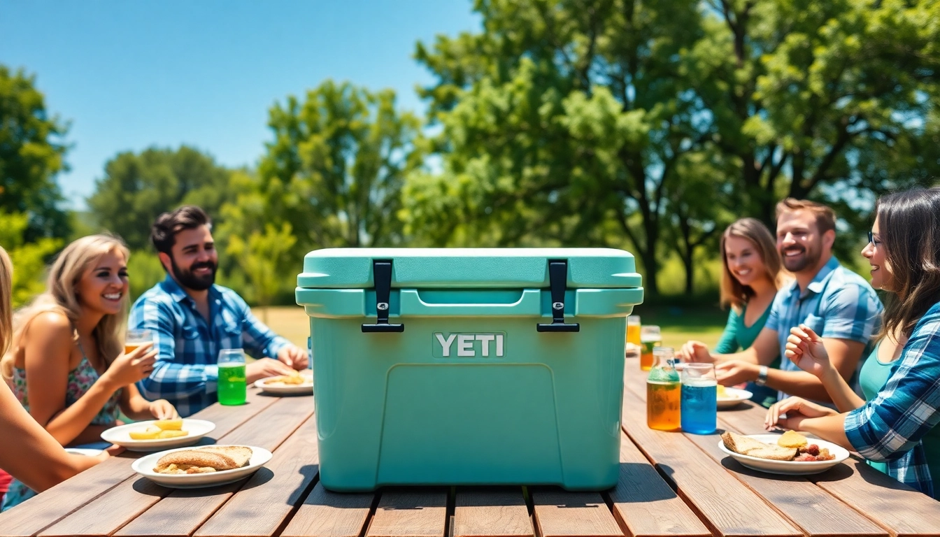 Position a yeti roadie 24 cooler on a picnic table, surrounded by friends enjoying a sunny day outdoors.