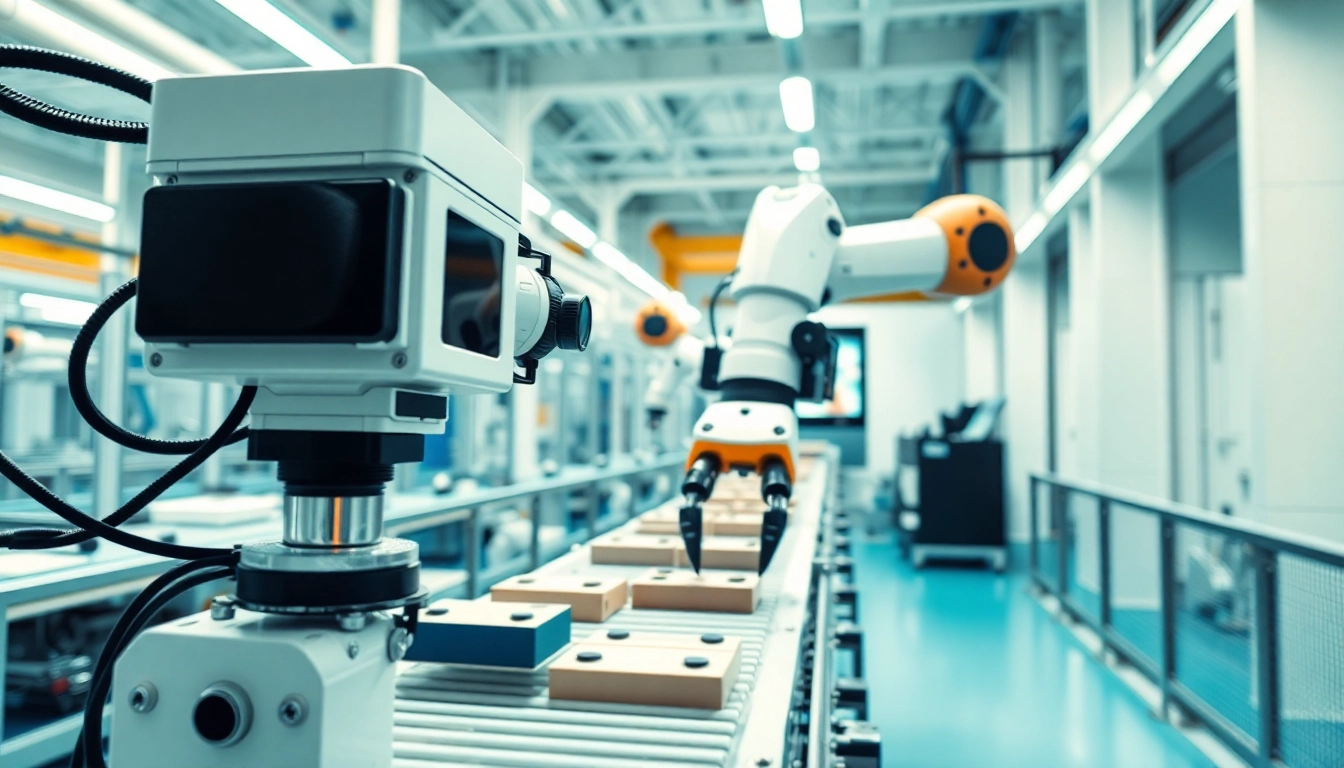 Machine vision system inspecting products on assembly line in an industrial setting.