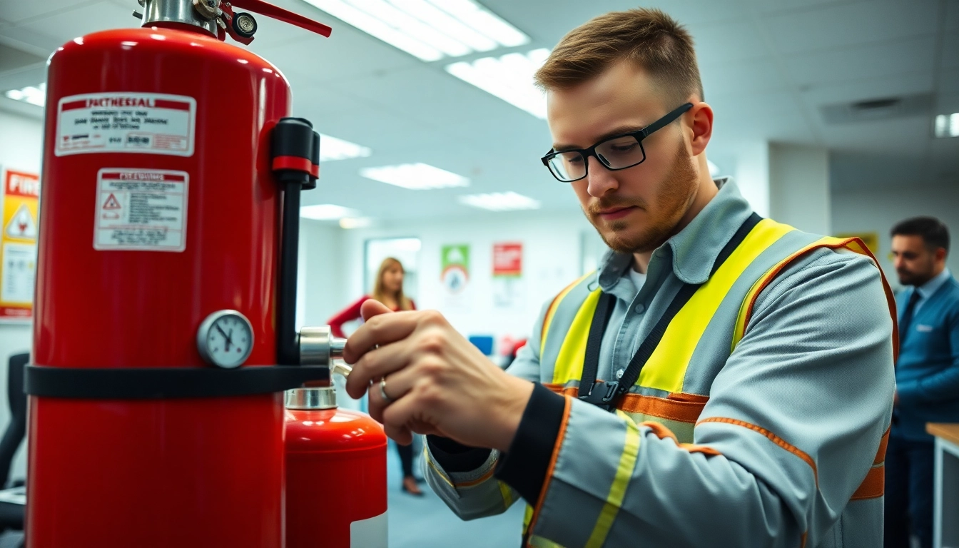 Fire extinguisher servicing Birmingham by a professional technician in an office setting.
