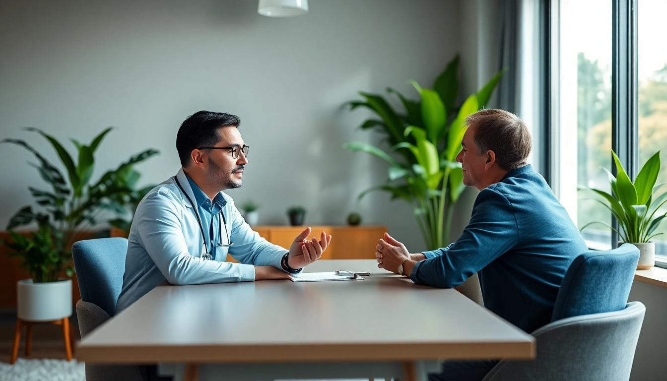 Engaged addiction psychiatrist providing compassionate support to a patient in a calming office.