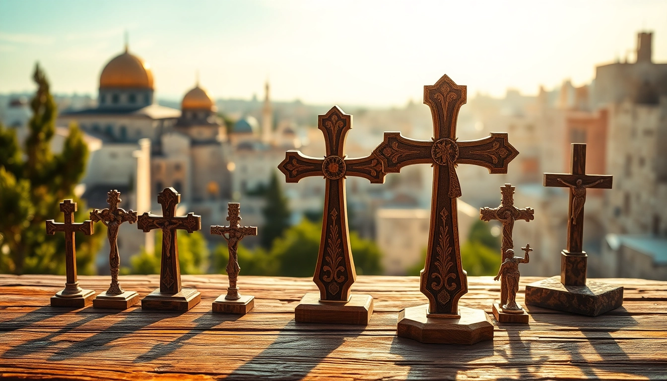 Jerusalem crosses elegantly displayed on a rustic table, showcasing their intricate design.